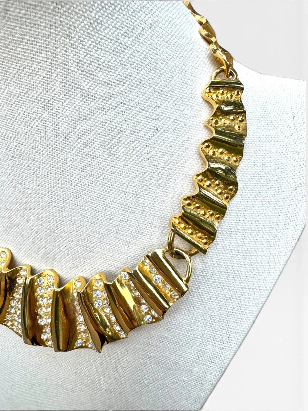 GIVENCHY Vintage Gold-tone Crystal Rhinestone Ripple Texture Statement Necklace
